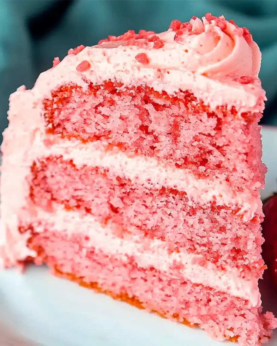 A slice of delicious strawberry cake with cream cheese frosting.