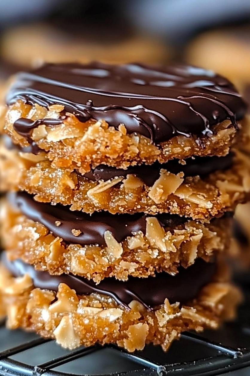 Homemade Samoas cookies piled high on a plate, showcasing the caramel, coconut, and chocolate layers.