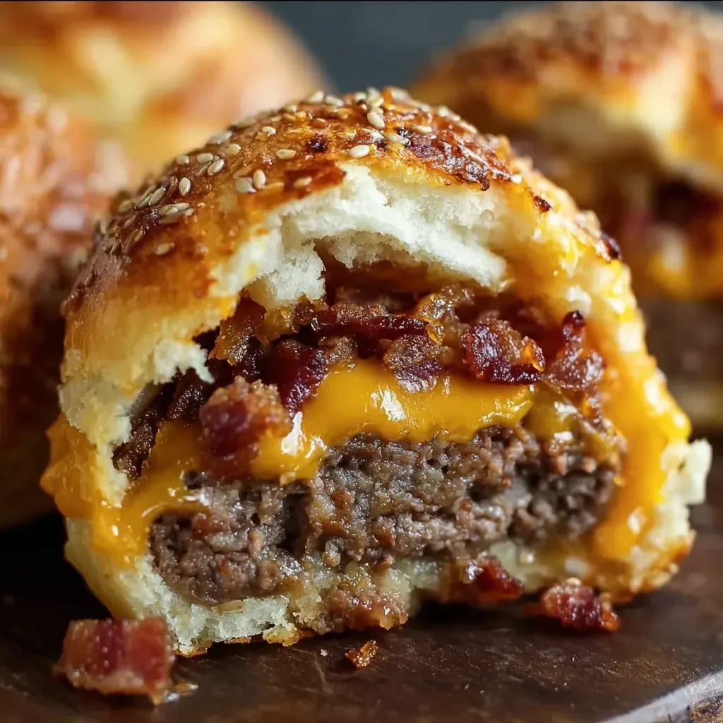 Baked Bacon Cheeseburger Bombs on a serving platter, golden and inviting, garnished with herbs for visual appeal.