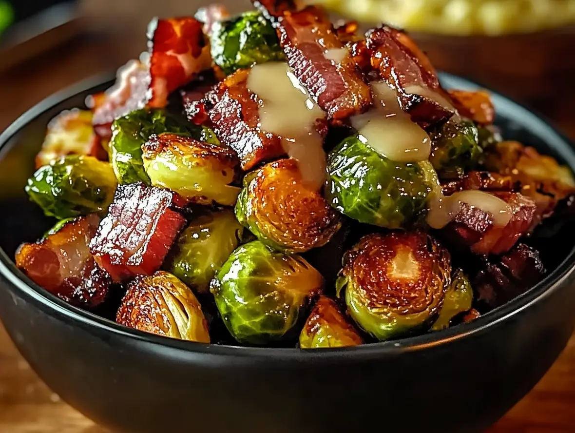 Delicious Honey Glazed Roasted Brussels Sprouts arranged on a platter.