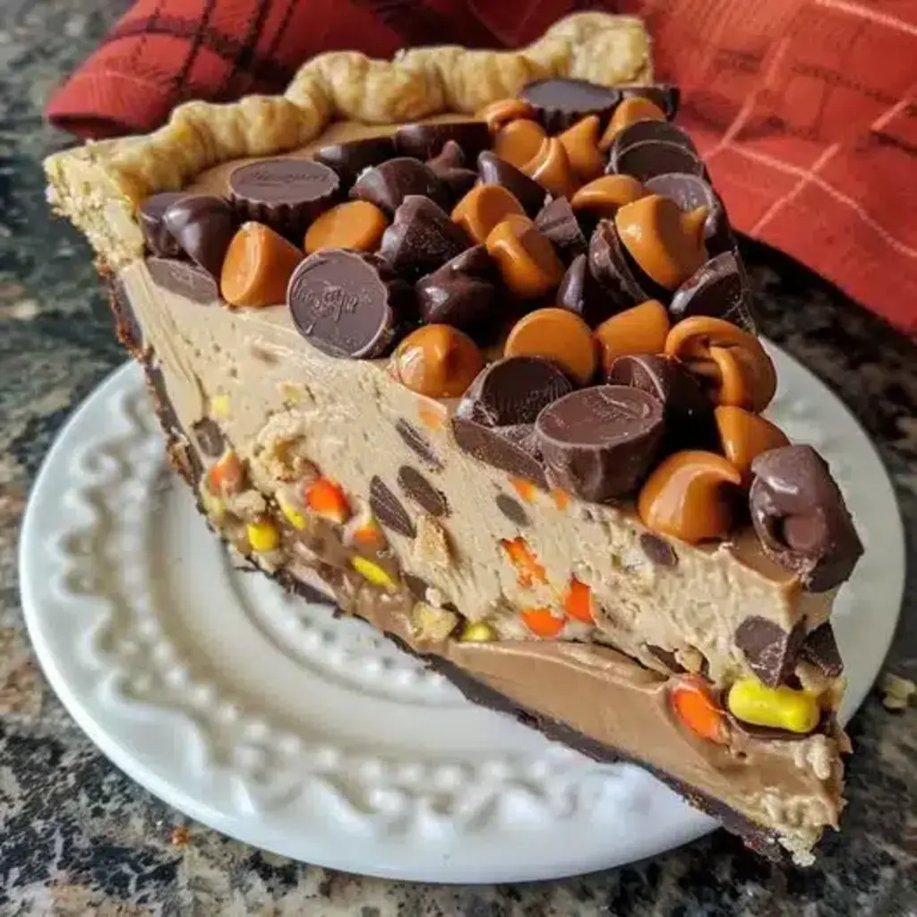 A slice of peanut butter cup pie on a plate, showing layers of chocolate cookie crust, creamy peanut butter filling, and a glossy chocolate ganache topping, garnished with chopped peanut butter cups.