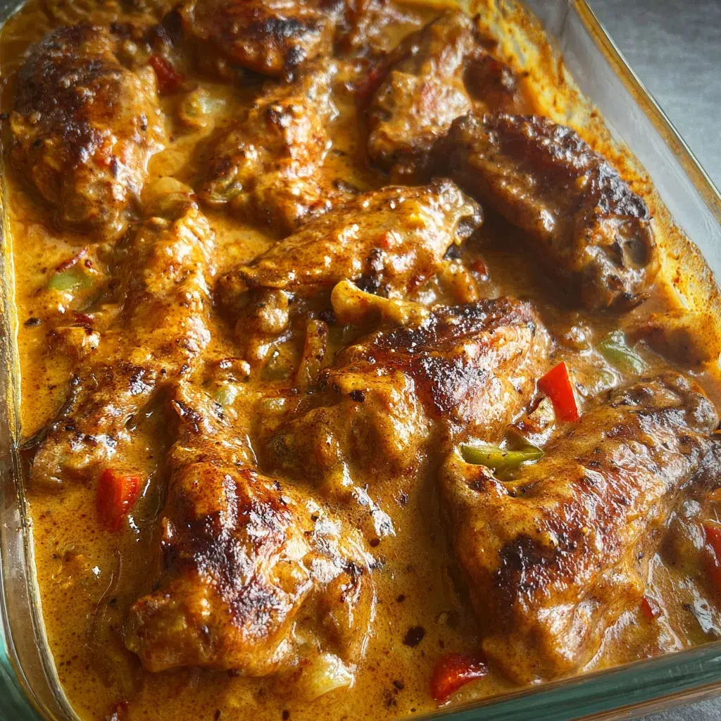 Close-up of smothered chicken wings baked served on a plate
