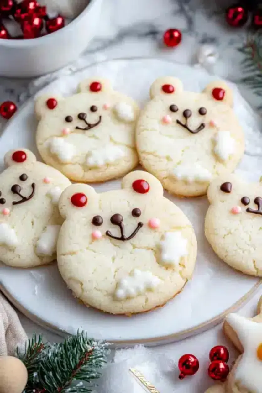 Whimsical Polar Bear Cookies on a festive background
