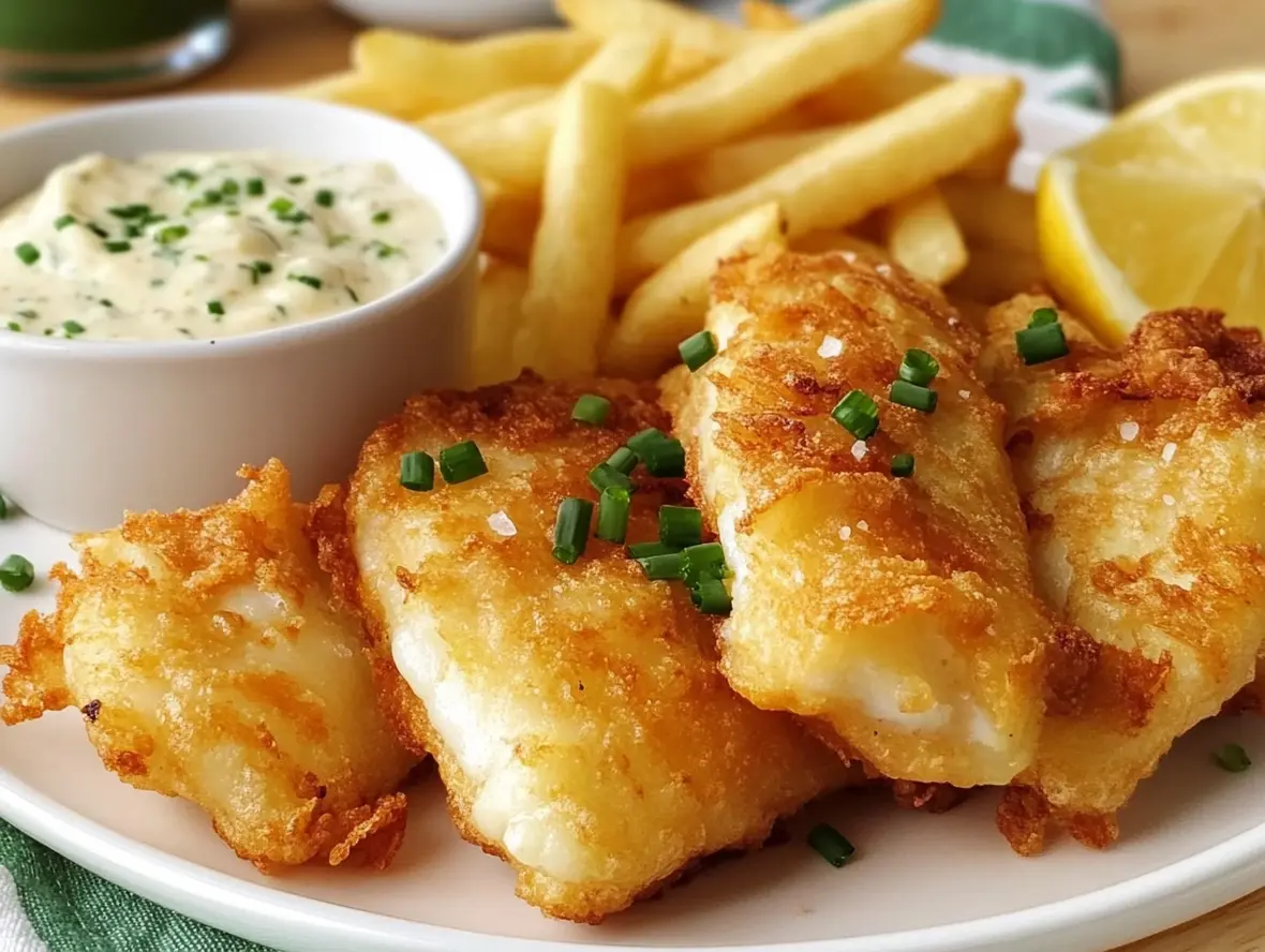 Crispy fish and chips served on a plate with lemon wedge and tartar sauce