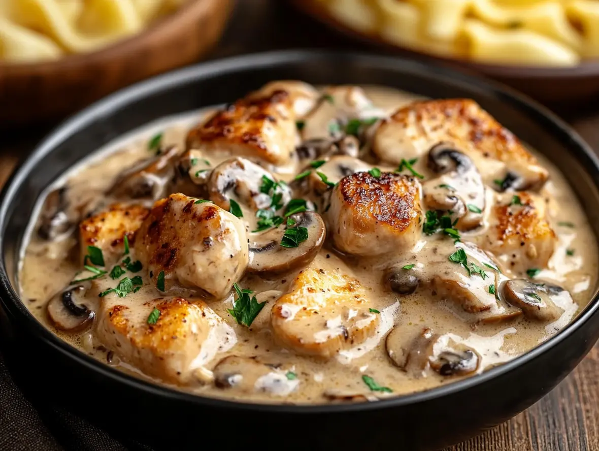 A steaming bowl of Creamy Chicken Stroganoff served over noodles.