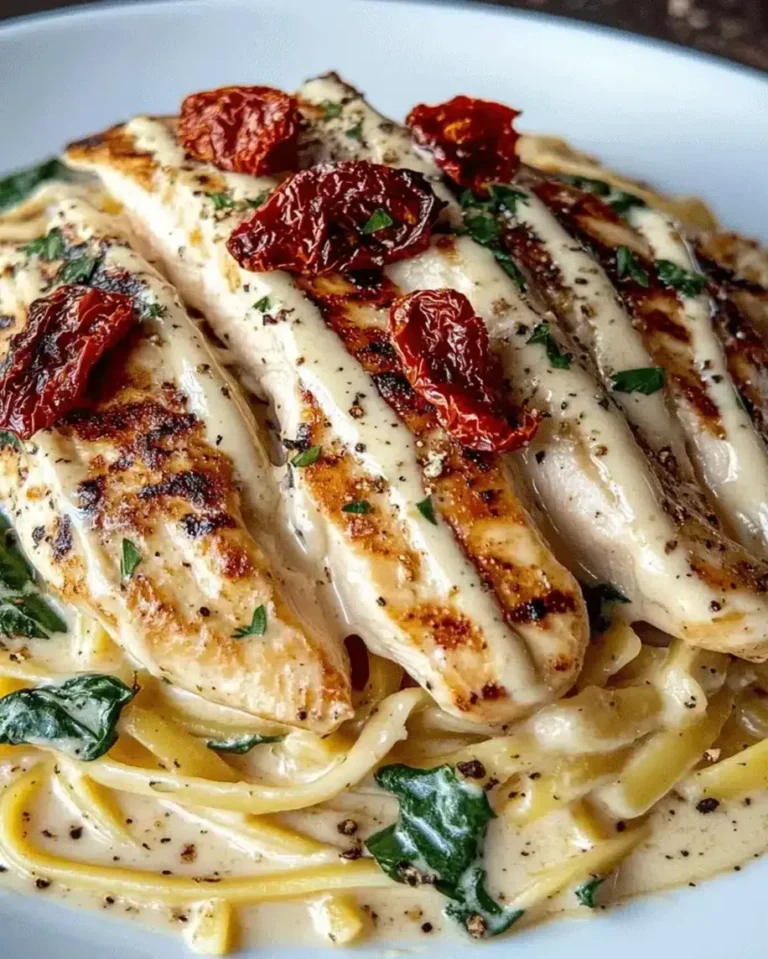 Creamy Chicken Fettuccine Alfredo with Sun-Dried Tomatoes!