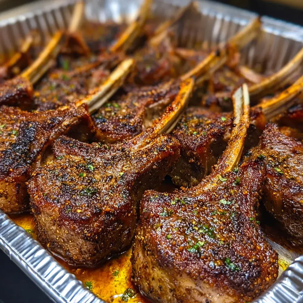 Sizzling grilled lamb chops straight off the grill, garnished with herbs.