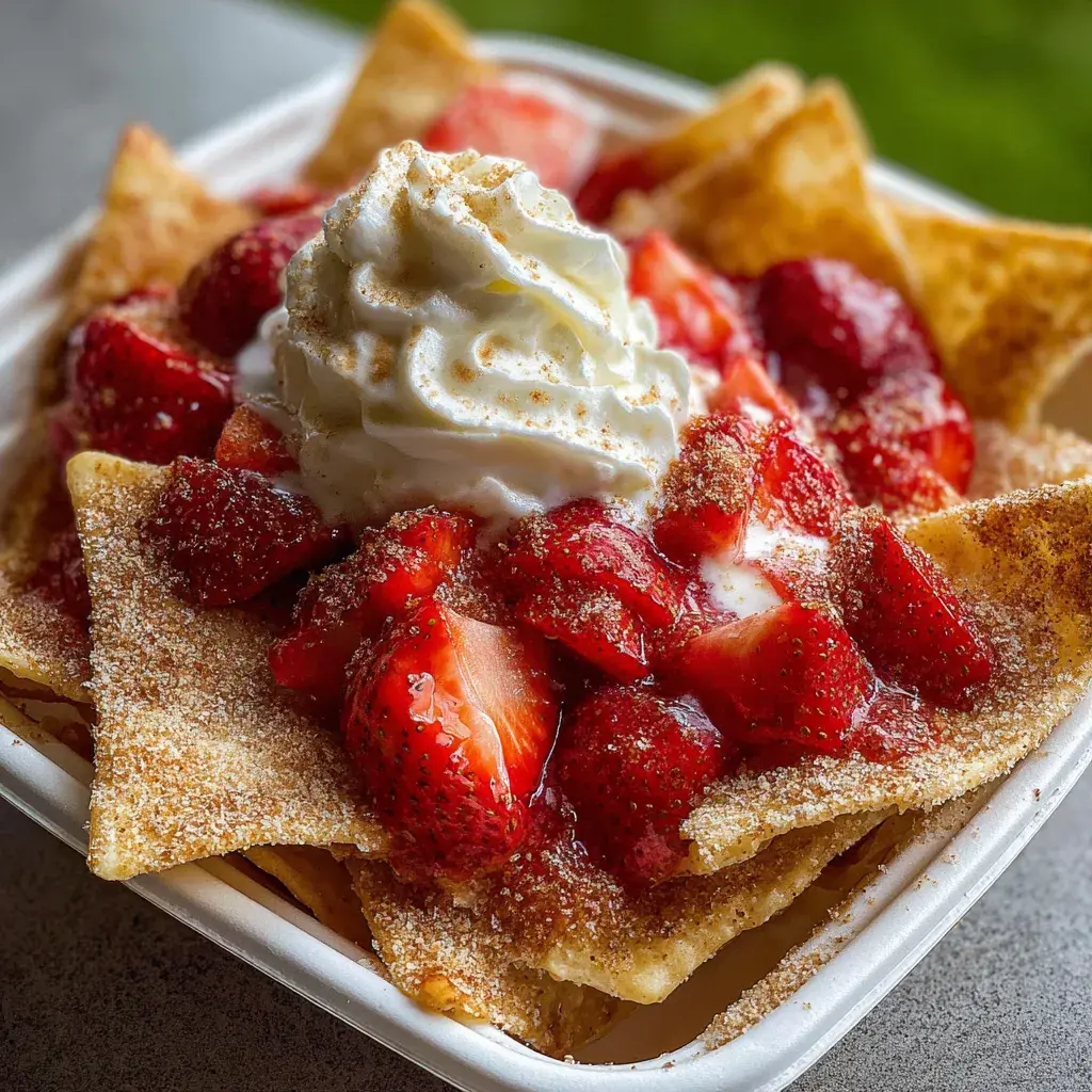 Strawberry Cheesecake Nachos Treat overhead view of fully assembled dish ready for serving with garnishes
