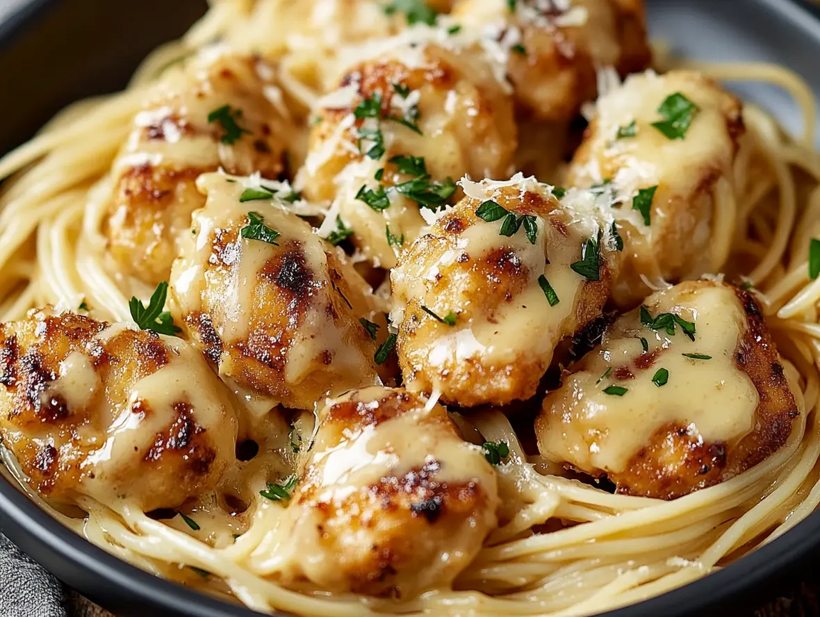 Creamy Parmesan Pasta with Garlic Butter Chicken Bites