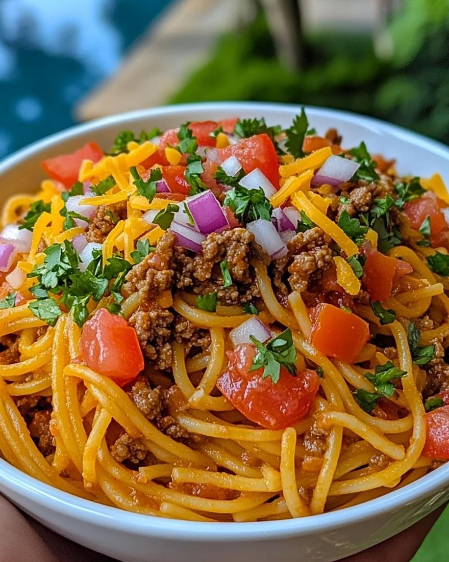 A delicious bowl of Taco Spaghetti topped with fresh ingredients.