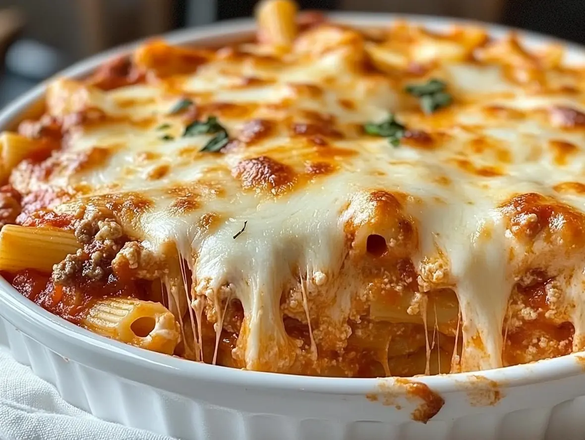 A serving of delicious Ground Beef Baked Ziti in a baking dish, topped with melted cheese.