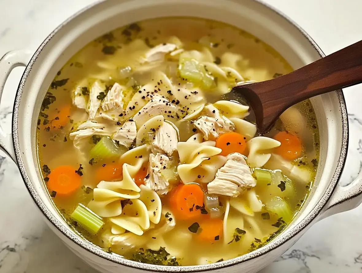 A steaming bowl of homemade chicken noodle soup with visible chicken, noodles, carrots, and celery.