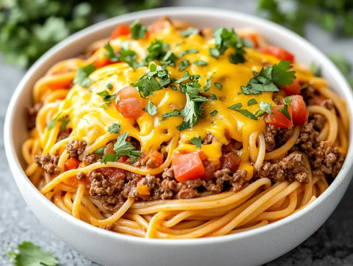 Delicious Crockpot Taco Spaghetti in a bowl