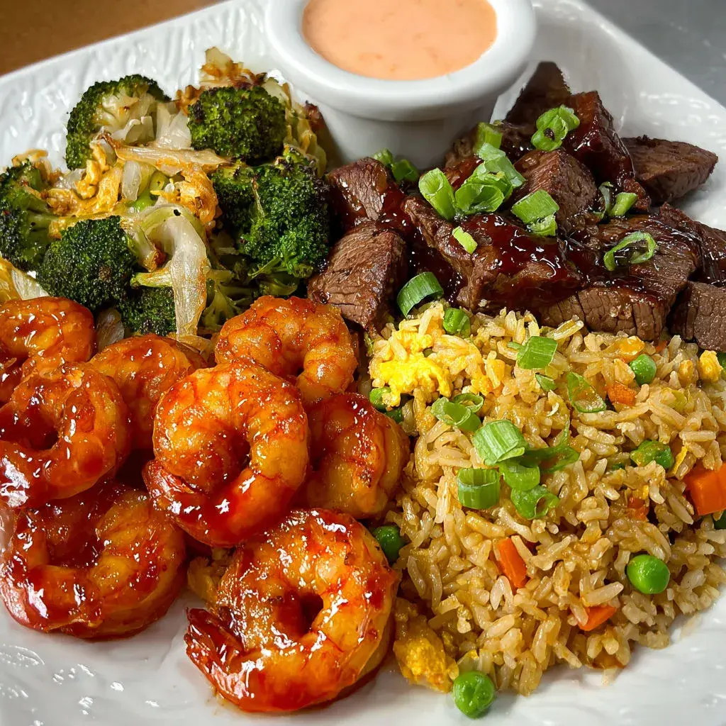 Hibachi Steak Shrimp Rice Served