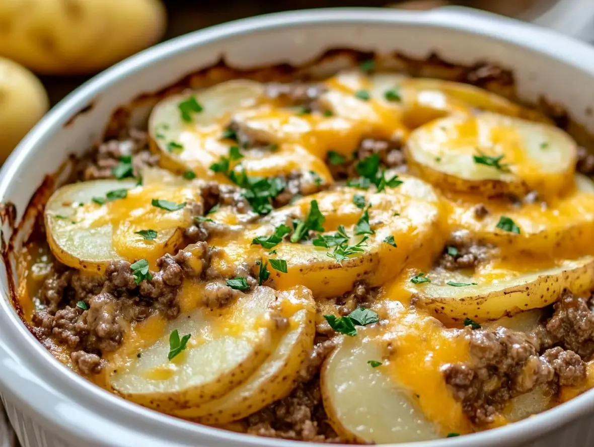 A bubbling slow cooker filled with cowboy potato casserole, topped with melted cheese.