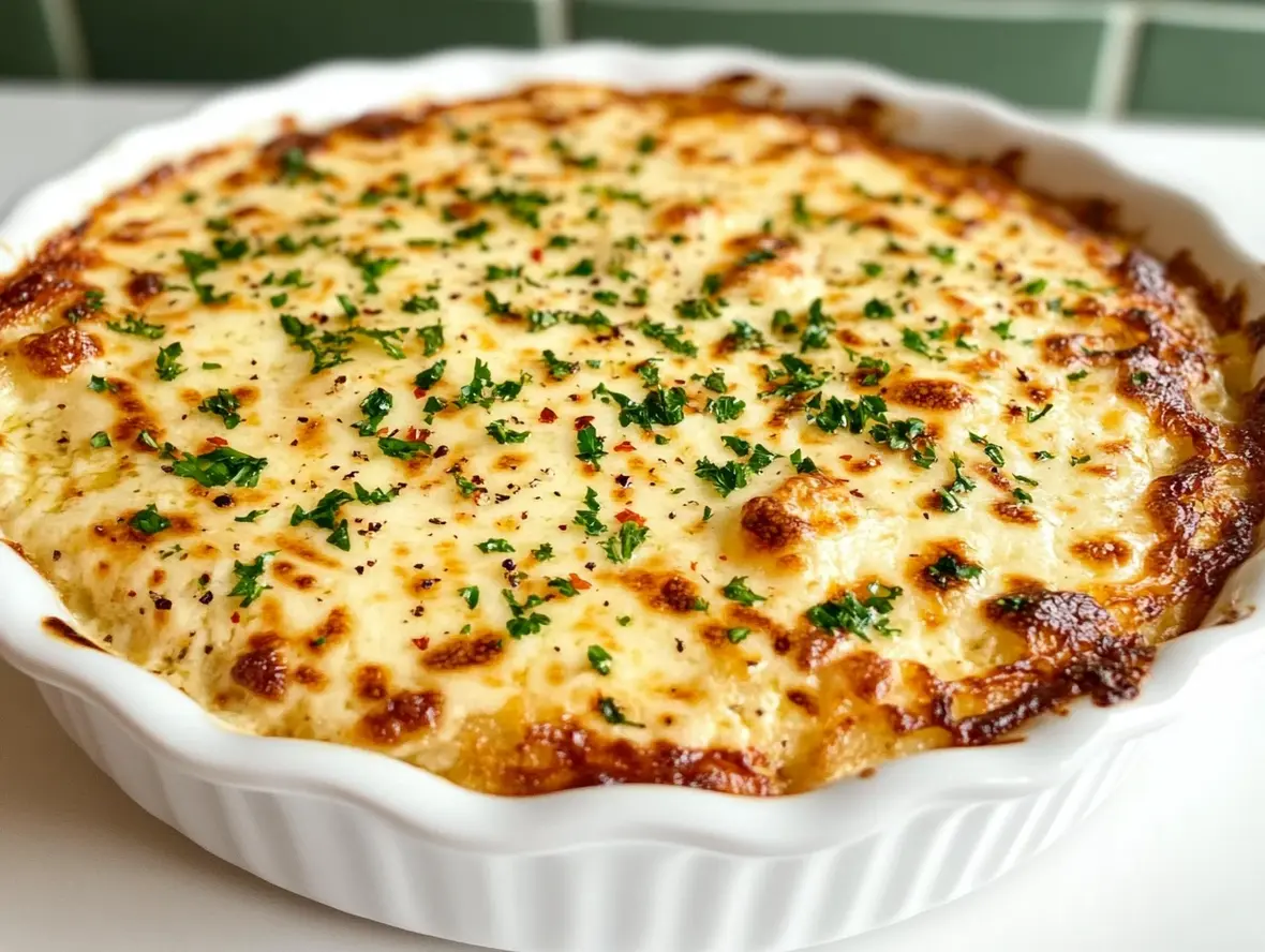 Deliciously creamy garlic bread dip in a baking dish, topped with melted cheese and fresh parsley.