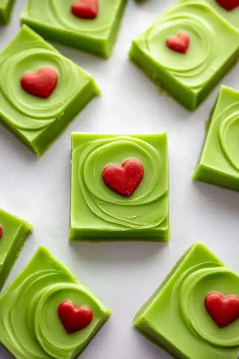 A batch of vibrant green Grinch Fudge cut into squares, adorned with festive sprinkles.