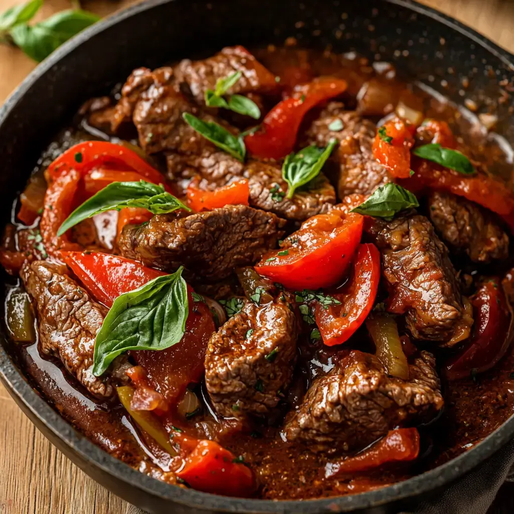 Classic Steak Pizzaiola dish in a pan with tomato sauce and fresh parsley.