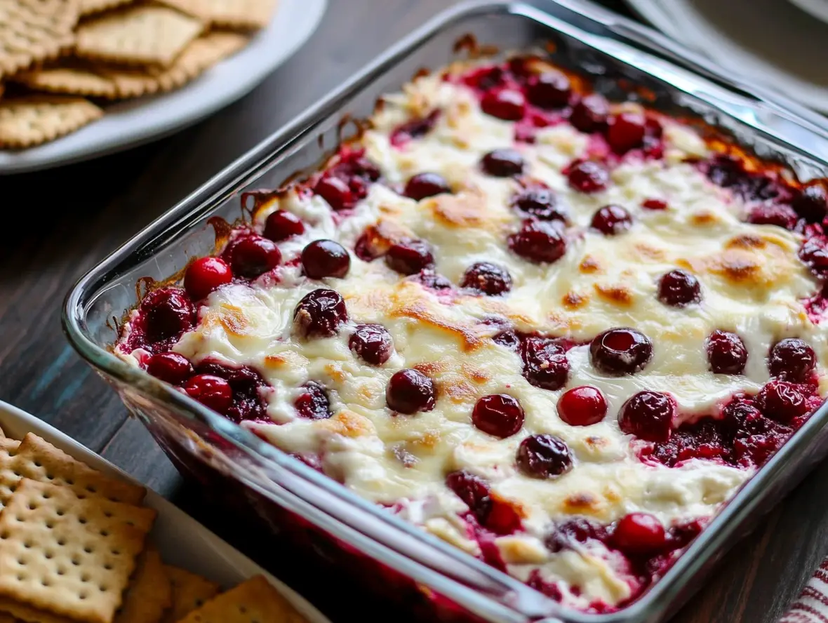 A bowl of Cranberry Cream Cheese Dip topped with fresh cranberries and served with crackers.