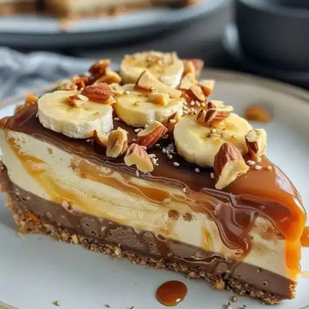 A slice of Almond Crust Banana Caramel Cheesecake with caramel drizzled on top.