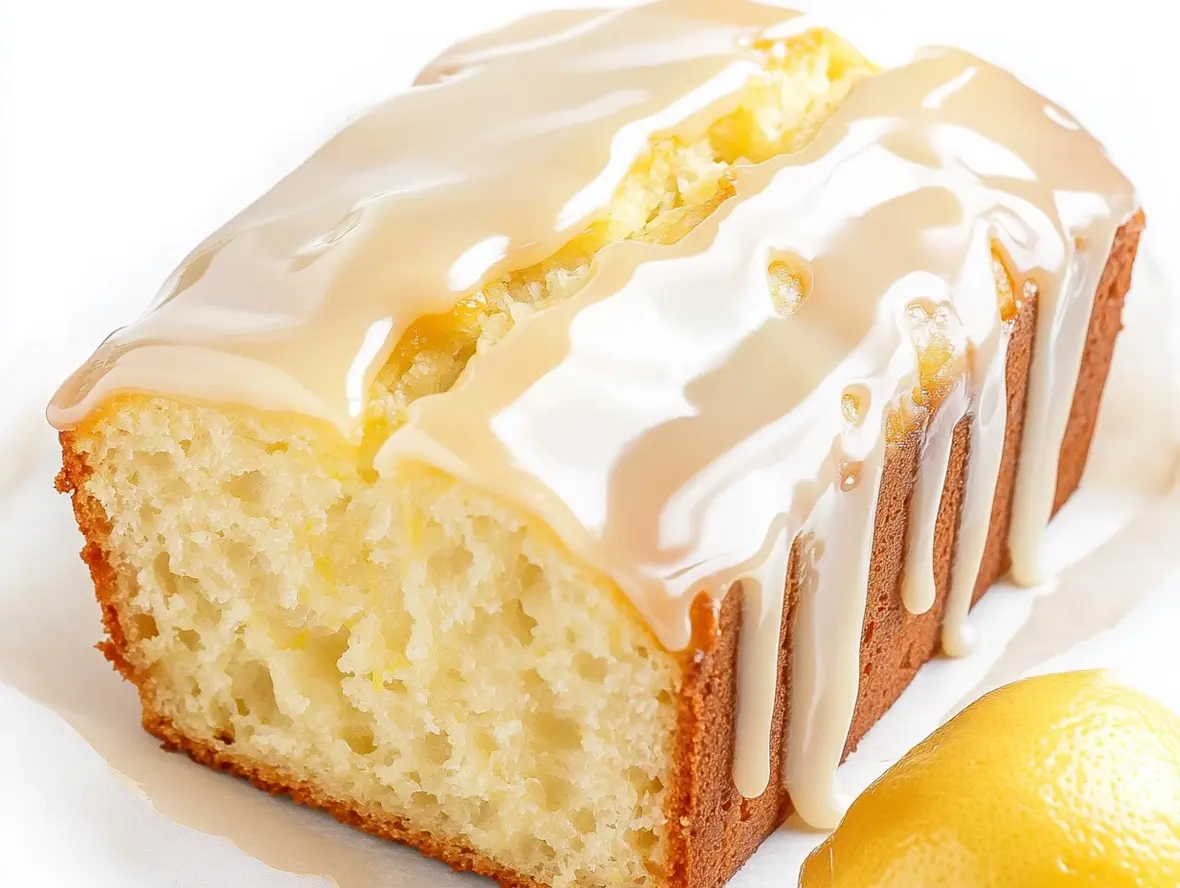 A perfectly baked, golden brown lemon loaf with a glossy glaze, sliced to reveal a moist crumb.