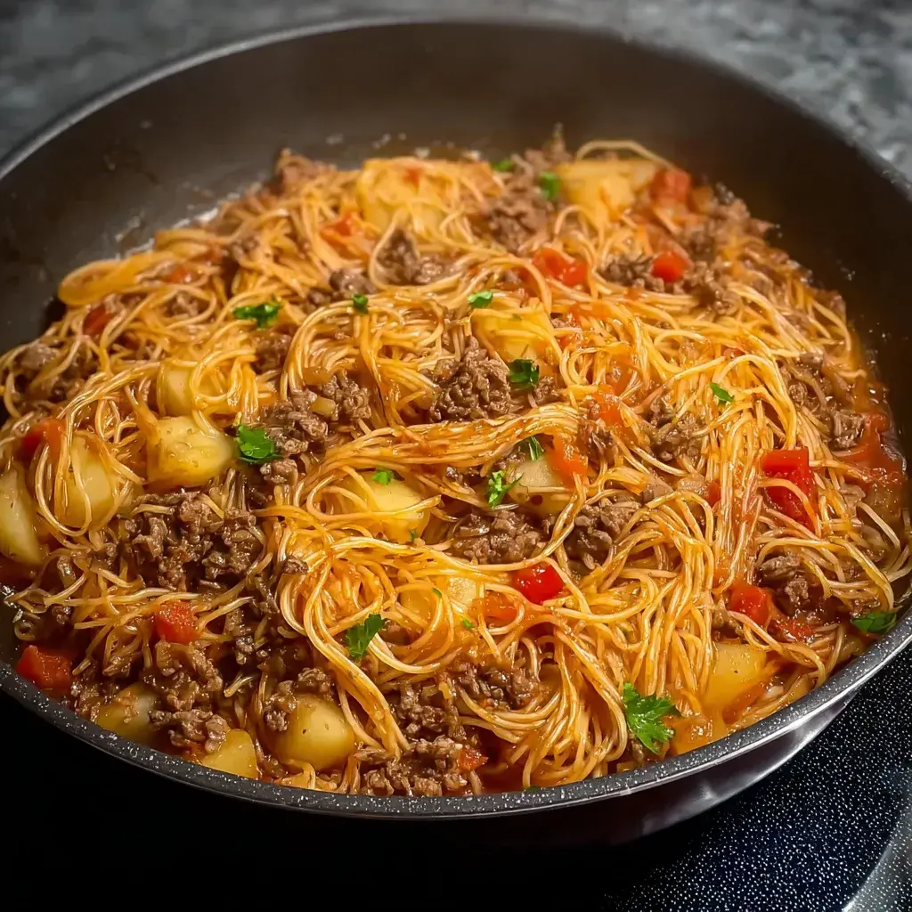 A close-up view of the cooked Fideo with Potatoes and Beef, highlighting the texture of the noodles and potatoes in the tomato broth.