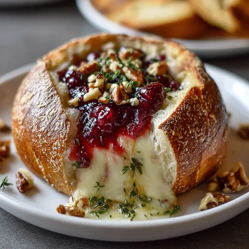 Serving Baked Brie Bread Bowl Cranberry with Garnishes