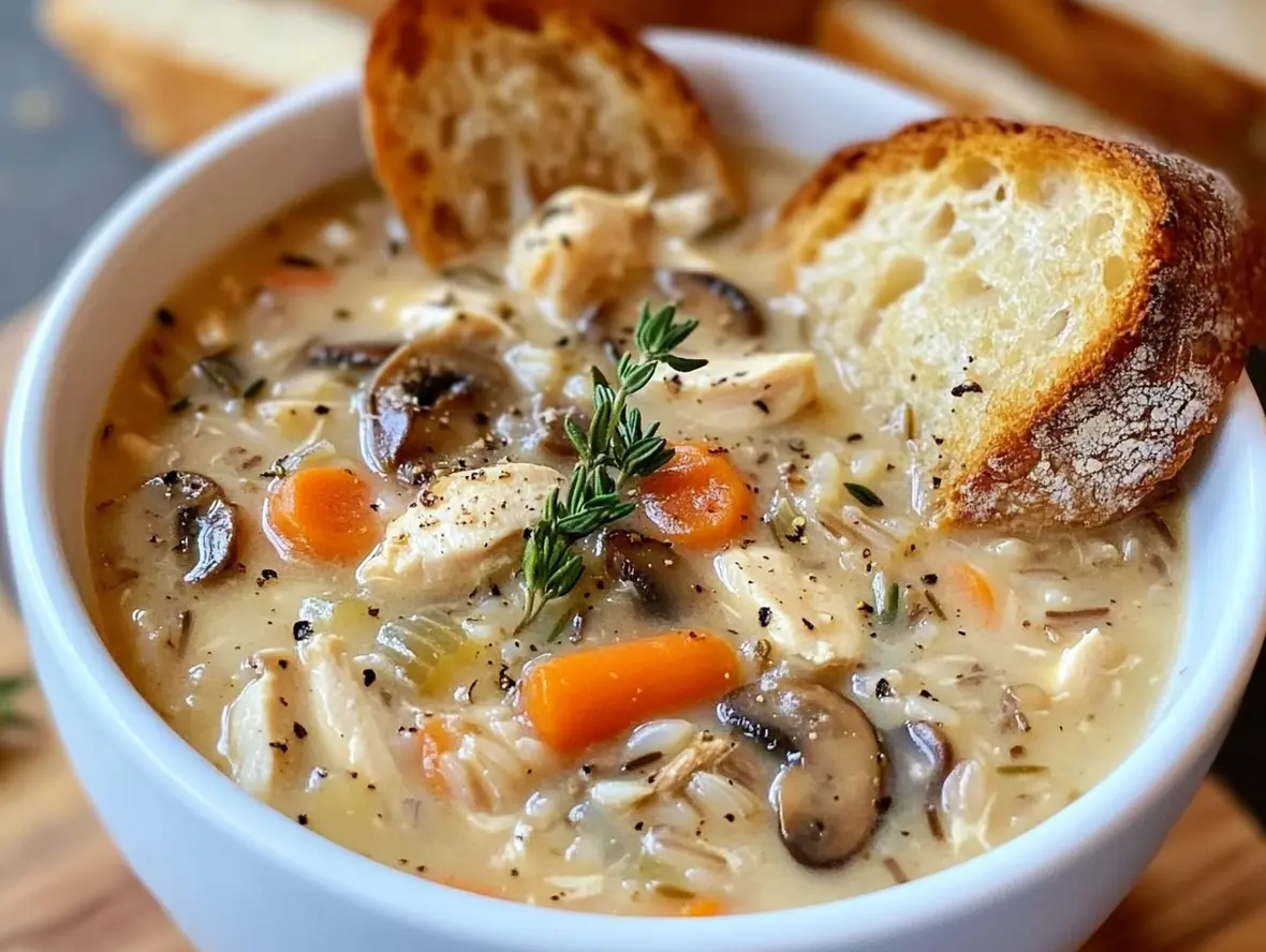 A steaming bowl of creamy chicken and wild rice soup garnished with fresh parsley.