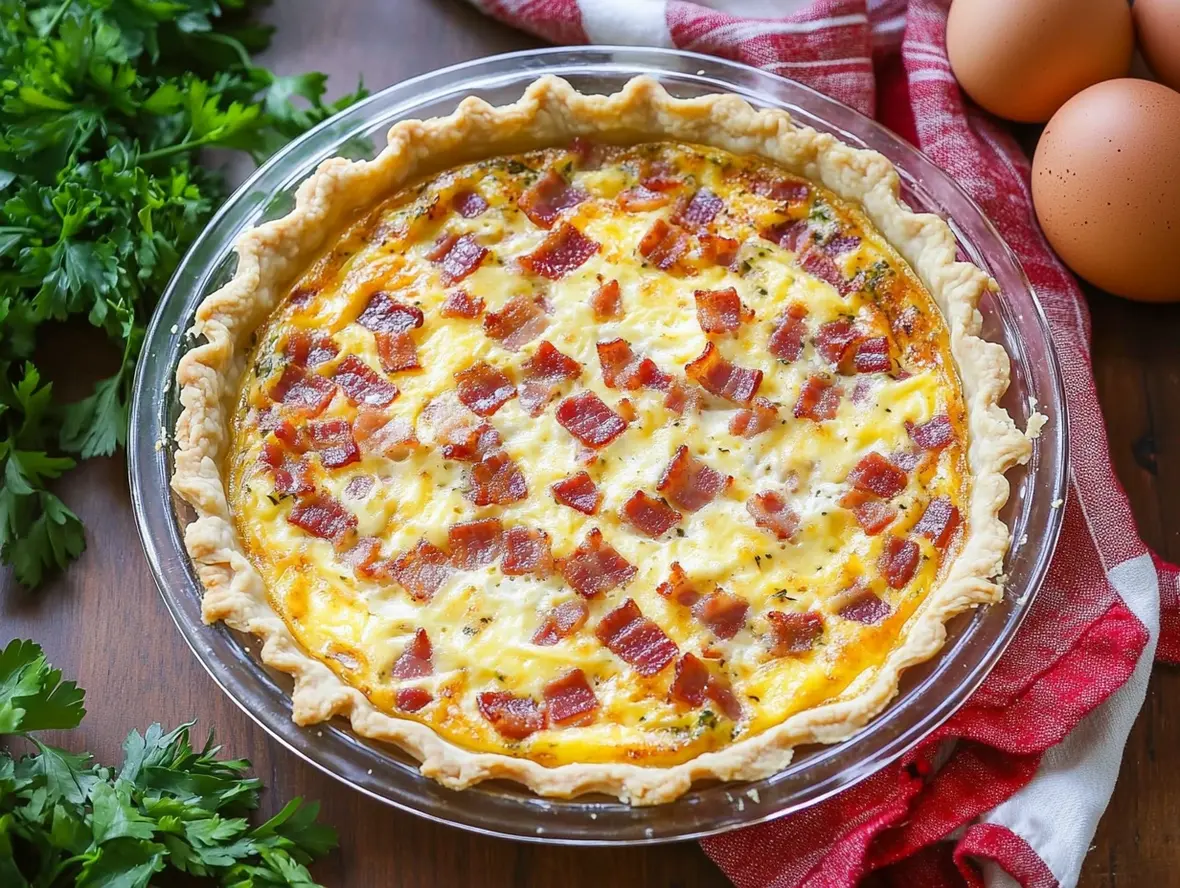A perfectly baked bacon and cheese quiche with a golden crust