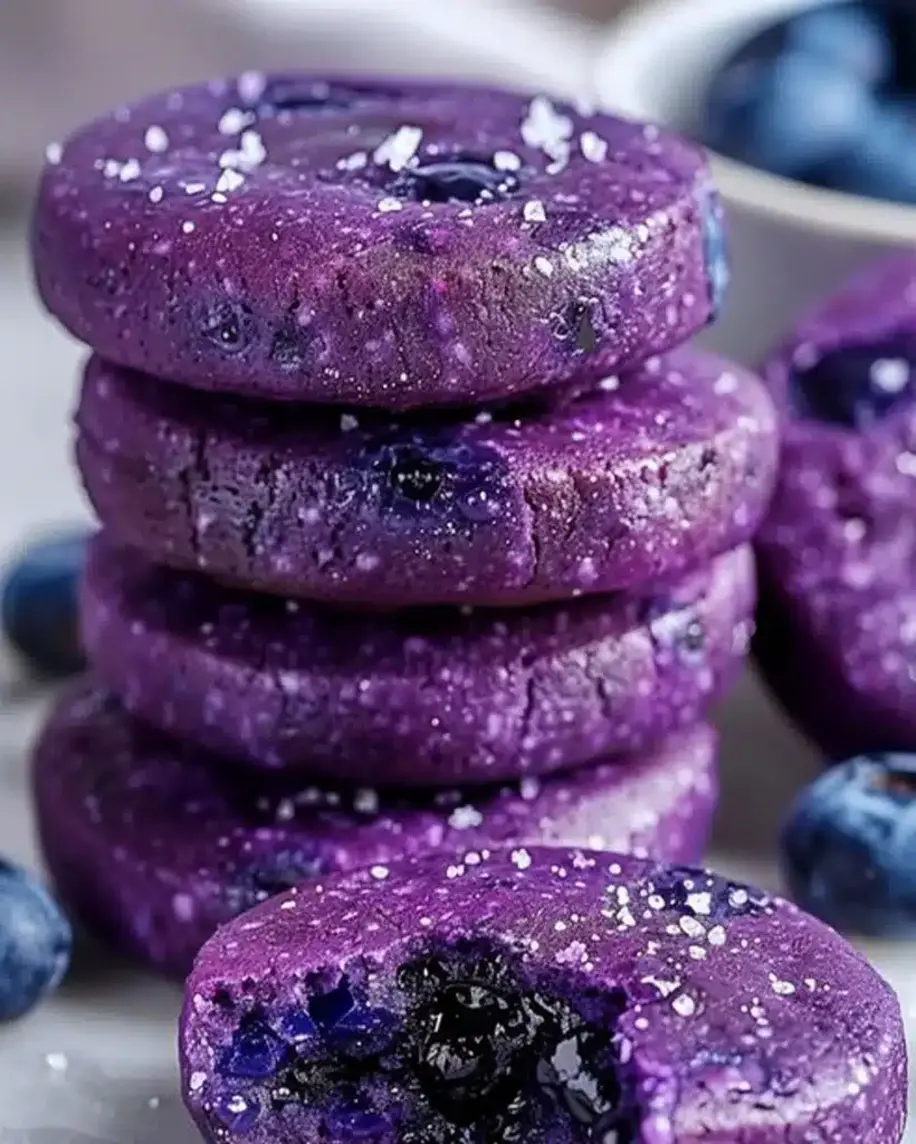A close-up of a stack of soft and chewy blueberry heaven cookies, showcasing their purple hue and embedded blueberries.