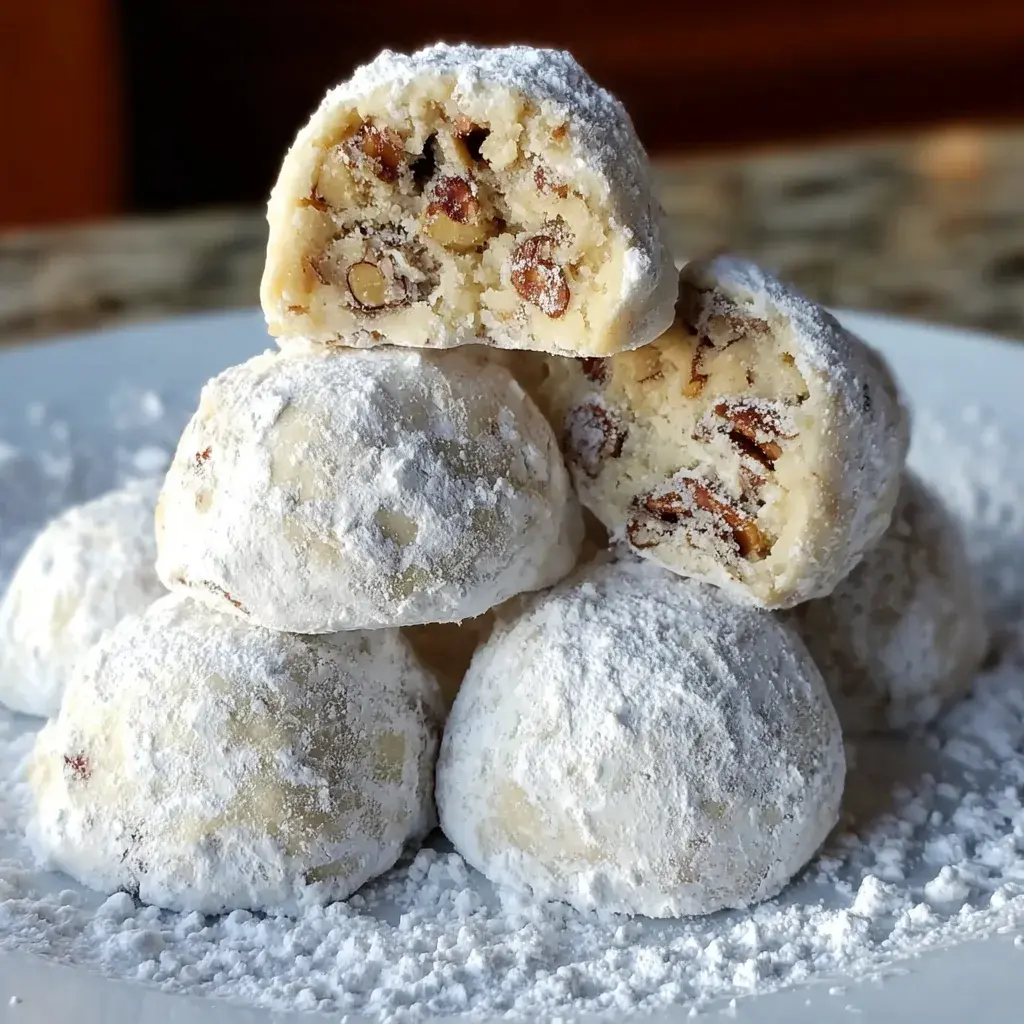 Stack of buttery pecan snowball cookies dusted in powdered sugar, ready for serving