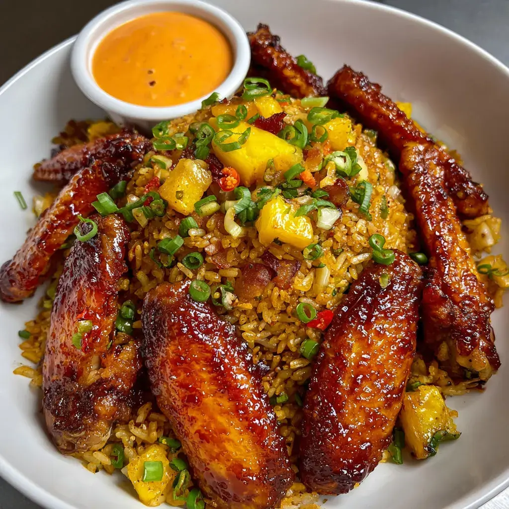 Assembled plate of wings bacon jalapeño pineapple fried rice garnished with fresh herbs and sauce