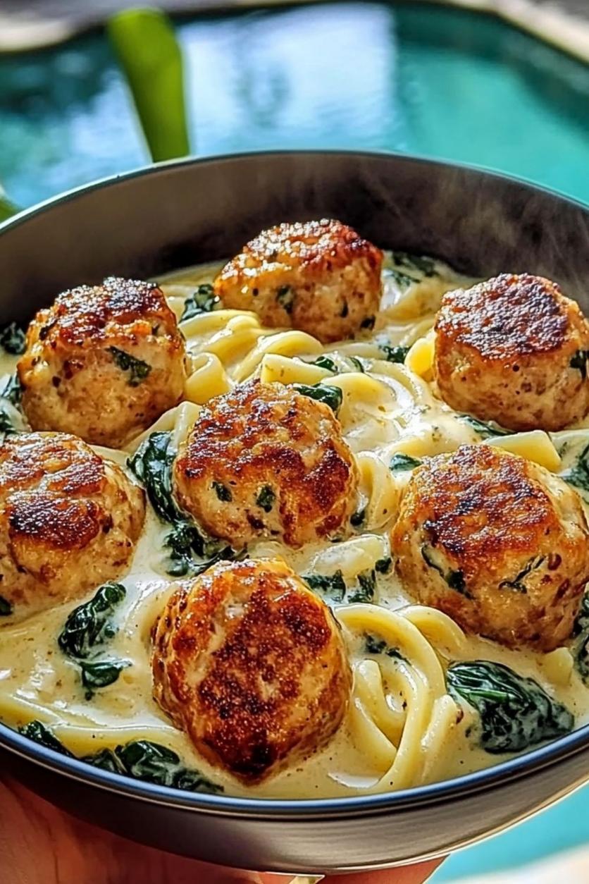 Delicious looking chicken ricotta meatballs in a creamy sauce with spinach.