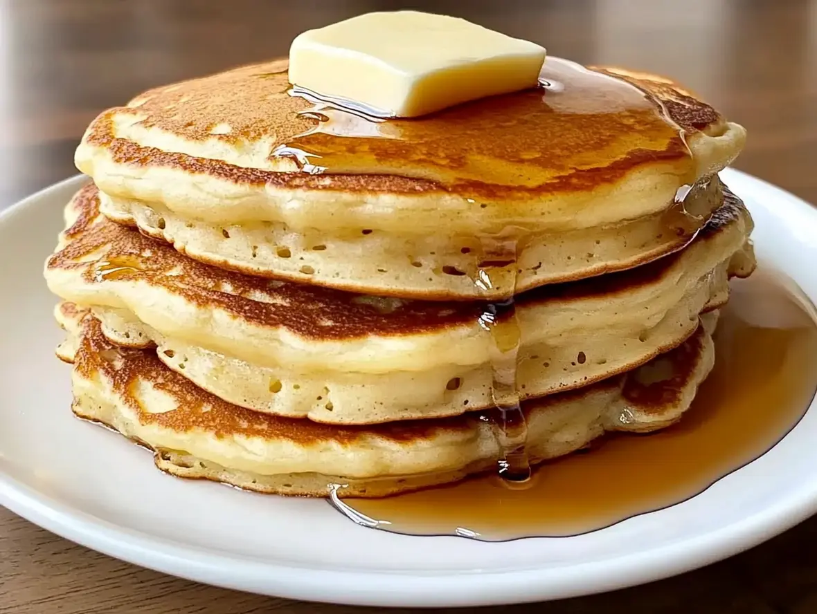 Golden Old Fashioned Pancakes stacked on a plate, ready to be served with syrup.