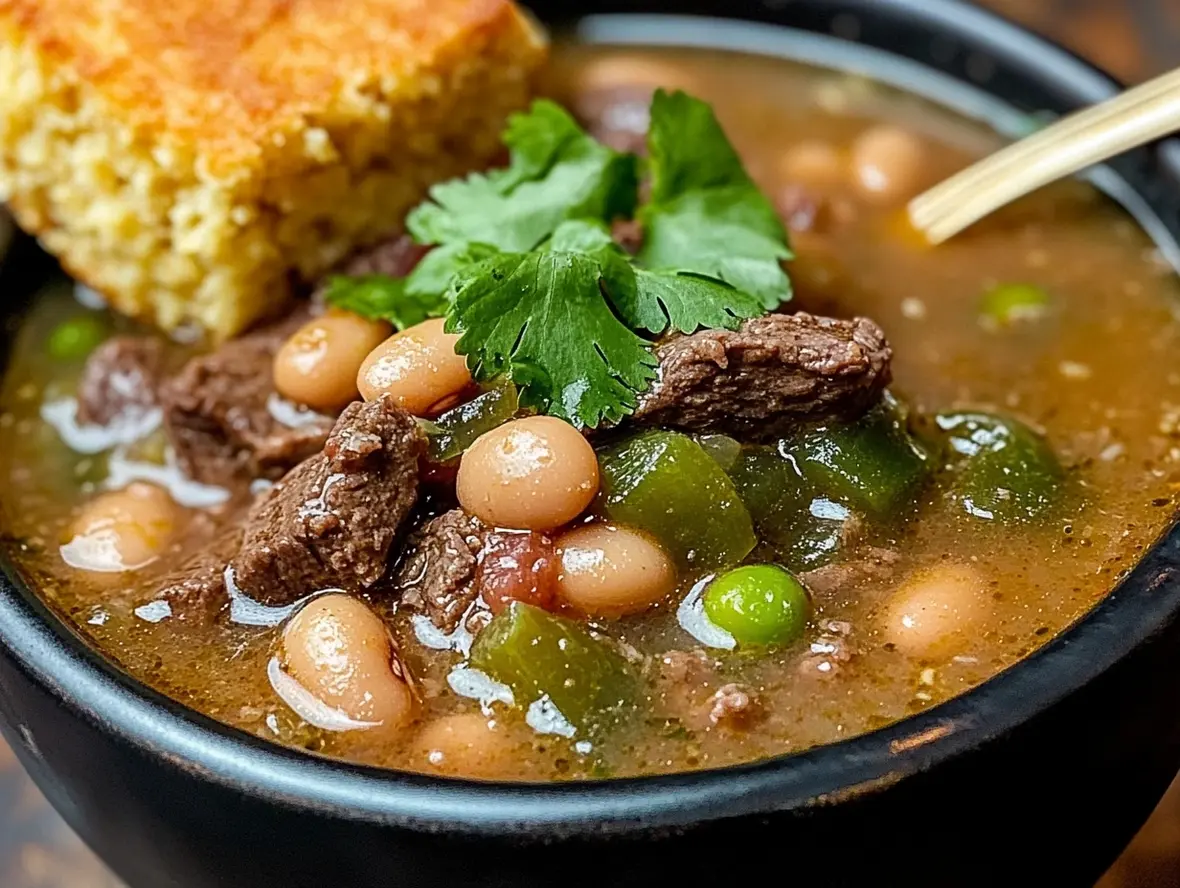 A bowl of hearty pinto bean stew with garnishes
