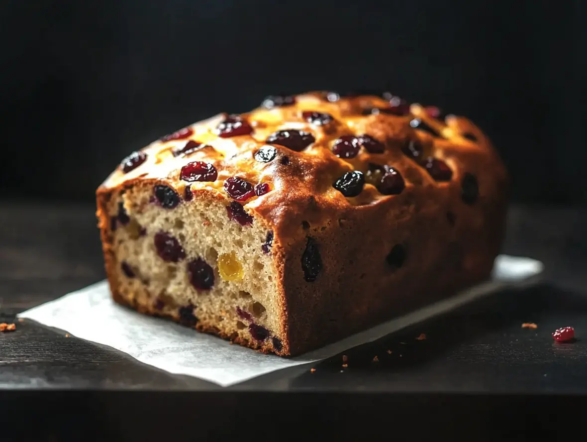 A delightful loaf of fruit bread, sliced to reveal its colorful fruit-filled interior.