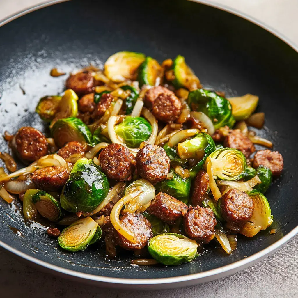 Delicious finished dish of Five-Spice Brussels Sprouts Sausage