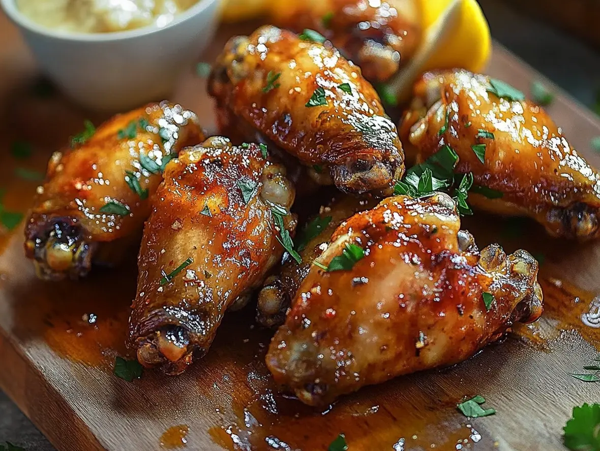 Delicious Lemon Garlic Chicken Wings, glistening with sauce and garnished with parsley and lemon wedges.