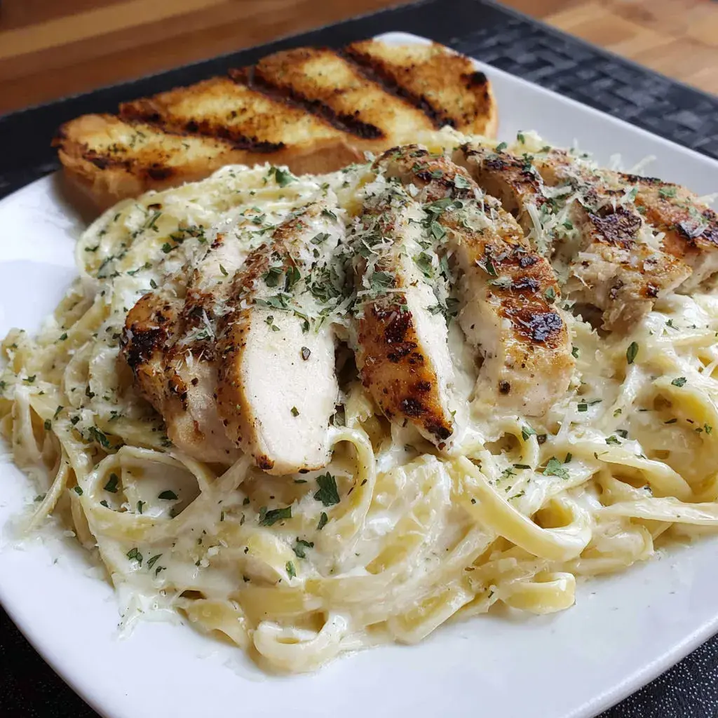 Close-up of creamy Alfredo sauce coating pasta and chicken