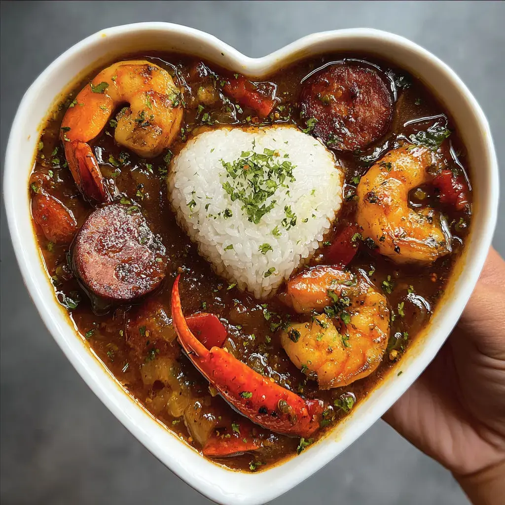 Steaming hot Creole Seafood Gumbo ready to serve