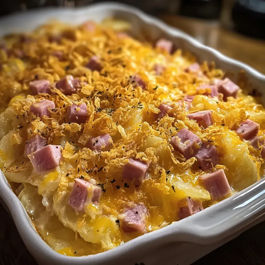 Finished Cheesy Ham and Potato Casserole baking dish with golden topping and bubbly cheese.