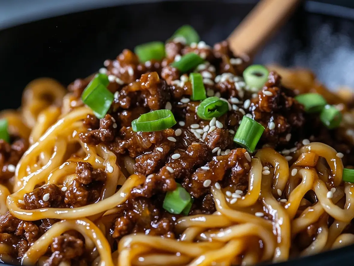 Deliciously plated Mongolian Ground Beef Noodles.