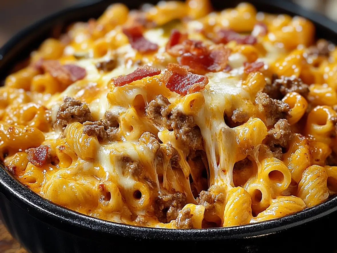 A bowl of delicious cheeseburger pasta with toppings.