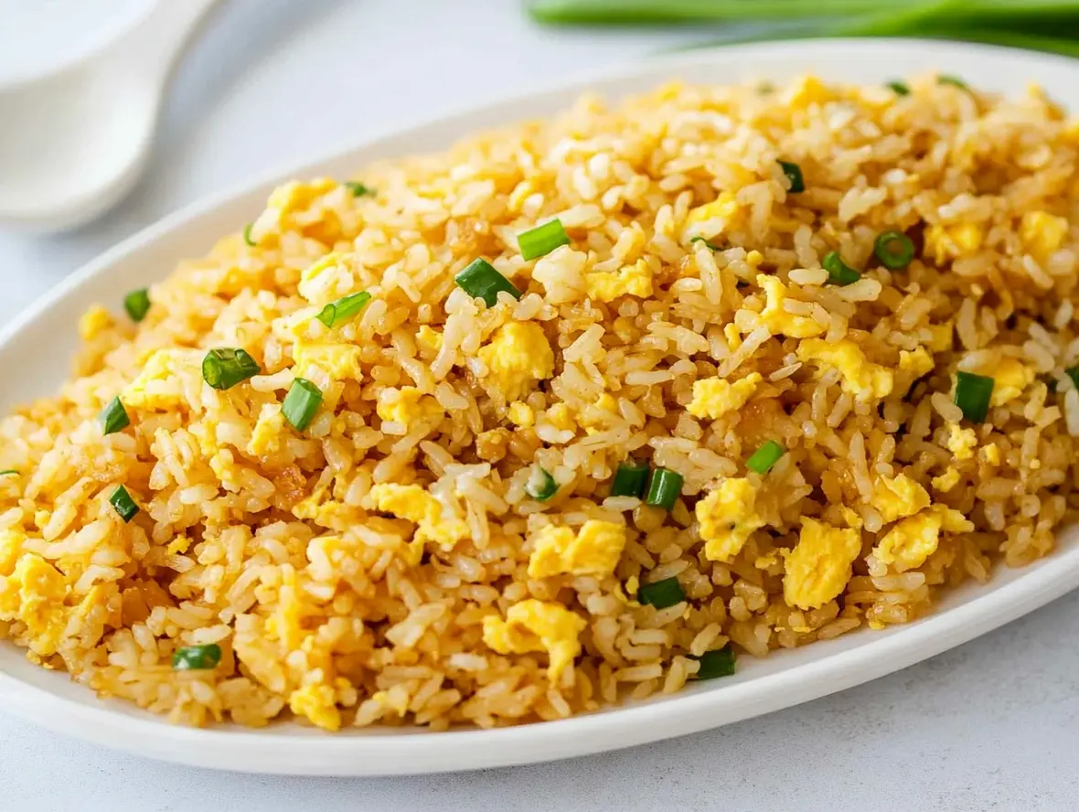 A beautifully plated bowl of egg fried rice with visible grains of rice, scrambled egg pieces, and flecks of green onions and vegetables.