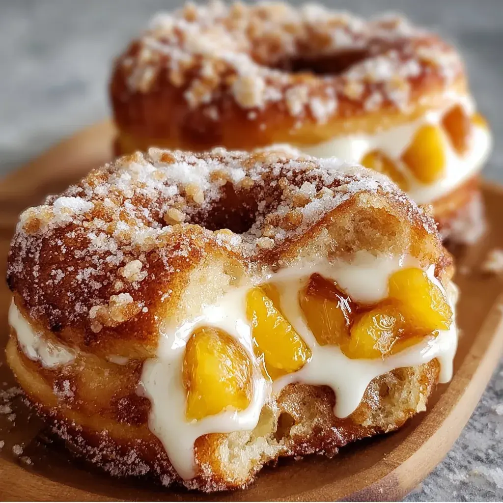 Stack of peach cobbler cheesecake donuts on a plate with coffee