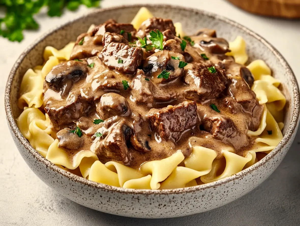 Deliciously creamy ground beef stroganoff in a skillet, ready to be served.