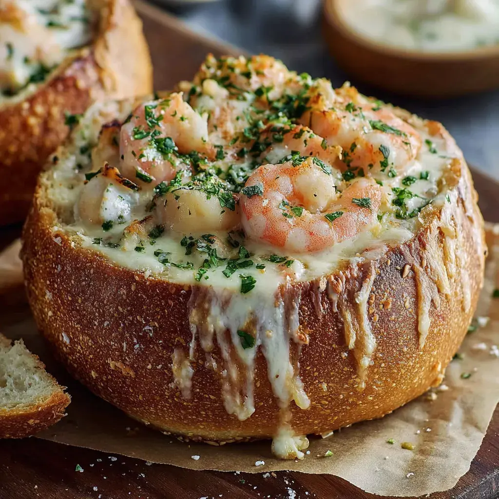 Close-up shot of the rich and flavorful seafood stuffing inside the Stuffed Seafood Bread Bowl