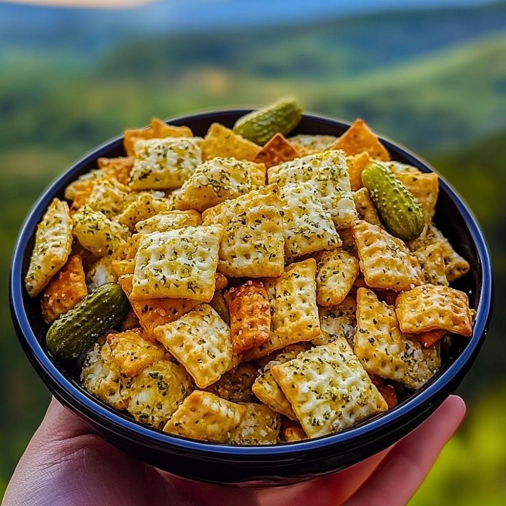 Dill Pickle Chex Mix ingredients laid out on a wooden board