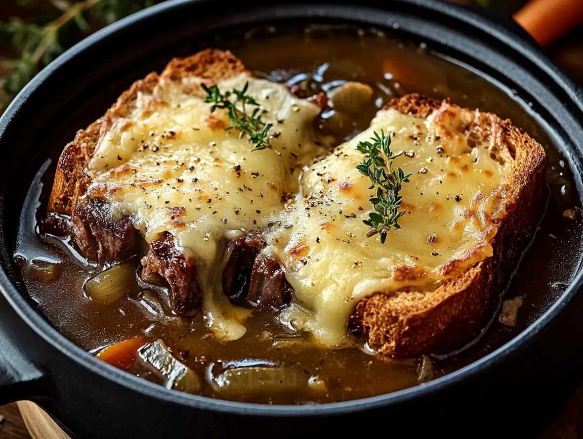 Bowl of hearty short rib soup with tender beef and vegetables