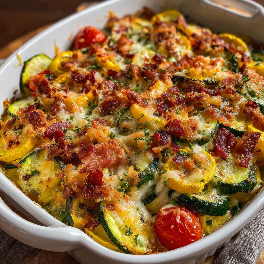 A plated slice of the finished Loaded Zucchini Squash Bake, bubbling with melted cheeses and showing the layered ingredients.